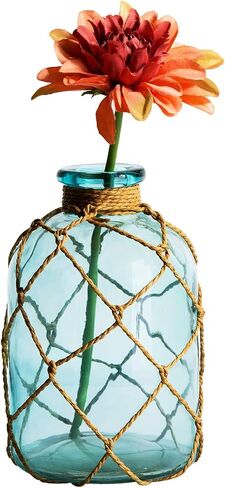 Diamond Star Rustic Glass Bottle Vase Decorative Blue Flower Vase with Creative Rope Net (Small) in Saudi Arabia
