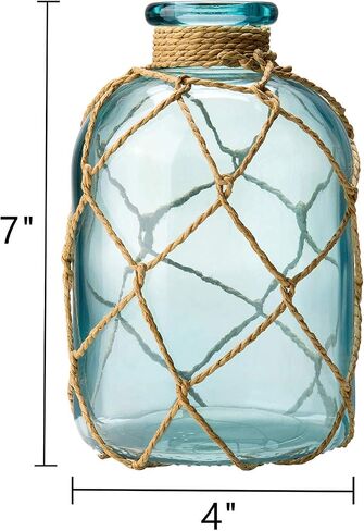Diamond Star Rustic Glass Bottle Vase Decorative Blue Flower Vase with Creative Rope Net (Small) in Saudi Arabia