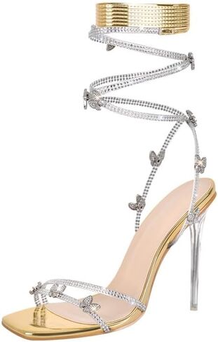 LISHAN Women's Rhinestones Studded Gladiator Lace Up Clear High Heels in Saudi Arabia