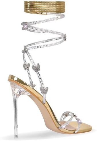 LISHAN Women's Rhinestones Studded Gladiator Lace Up Clear High Heels in Saudi Arabia