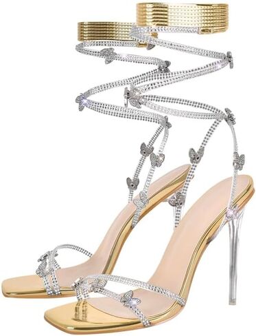 LISHAN Women's Rhinestones Studded Gladiator Lace Up Clear High Heels in Saudi Arabia