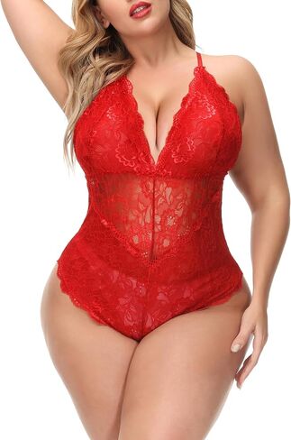 Aranmei Sexy Plus Size Teddy Lingerie,Snap Crotch Lace Bodysuit,Deep V One Piece Lingerie for Women 1X-4X in Saudi Arabia