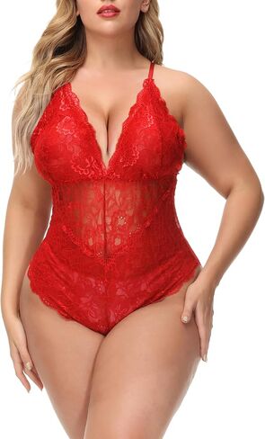 Aranmei Sexy Plus Size Teddy Lingerie,Snap Crotch Lace Bodysuit,Deep V One Piece Lingerie for Women 1X-4X in Saudi Arabia