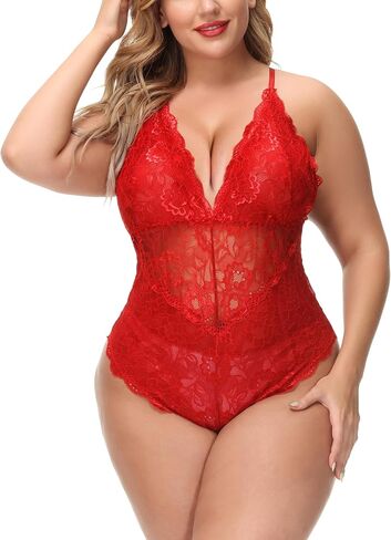 Aranmei Sexy Plus Size Teddy Lingerie,Snap Crotch Lace Bodysuit,Deep V One Piece Lingerie for Women 1X-4X in Saudi Arabia