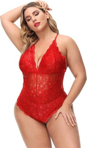 Aranmei Sexy Plus Size Teddy Lingerie,Snap Crotch Lace Bodysuit,Deep V One Piece Lingerie for Women 1X-4X in Saudi Arabia