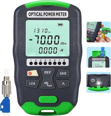 مقياس طاقة الألياف الضوئية A-D7 باللون الأخضر 3 في 1 مع اختبار شبكة RJ45 وأداة اختبار كابل الألياف الضوئية LED الخفيفة SC/FC/ST واجهة عالمية OPM-70~+10dbm مع محول LC ​​10 أطوال موجية in Kuwait