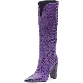 Women Pointed Toe Embossed Knee High Boots Block Heel Western Boot Thigh High Chunky Heel Shoes