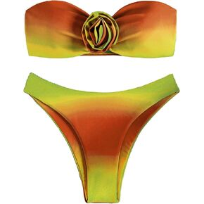 Floerns Women's 2 Piece 3D Rose Bikini Ombre Tube Top High Cut Swimsuit