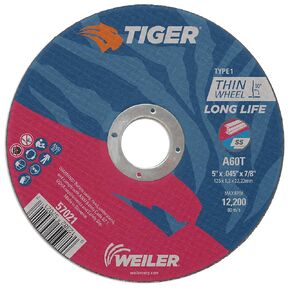 Weiler 58031 5 Inch Cutting Wheel, Tiger Zirc Steel/Metal Fast Cut & Long Life High Performance Cutting, .045" Z60T Type 27 5/8"-11 Hub, Pack of 10