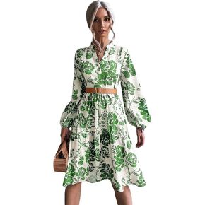 Floerns Women's Floral Print V Neck Ruffle Hem Lantern Long Sleeve Midi Dress in Kuwait
