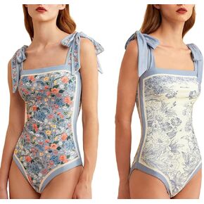 Women's One Piece Swimsuit Floral Print Bathing Suit Tummy Control Reversible Tie Shoulder Swimming Swimwear Suits