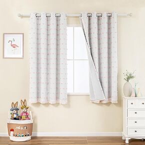 MYSKY HOME 100% Blackout Curtains for Girls Bedroom 84 Inch Long Total Light Blocking Curtains for Living Room 2 Panels Room Darkening Grommet Window Drapes with Pink Pom Pom Sheer 52W x 84L