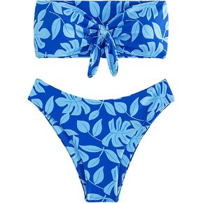 SOLY HUX Women's Bandeau Tie Front Tropical Print Bikini Set Bathing Suits 2 Piece Swimsuit