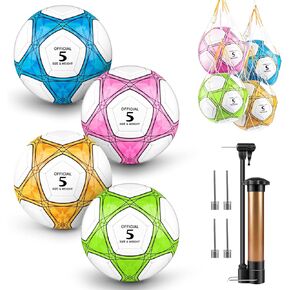 كرة قدم مقاس 5 مع مضخة هواء واحدة و4 إبرة مضخة و4 حقيبة شبكية - كرة قدم بالحجم والوزن الرسميين، نسيج محكم من البولي يوريثان سميك مناسب لممارسة التدريب على ألعاب دوري الشباب والكبار أو هدية (4 قطع) in Kuwait