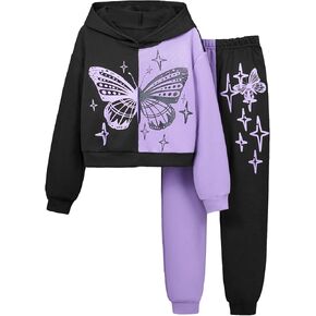 Floerns Girls 2 Piece Outfit Graphic Print Long Sleeve Hoodie with Sweatpants Set