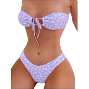 MakeMeChic Women's 2 Piece Bikini Sets Ditsy Floral Strapless Bandeau Swimsuit High Cut Bathing Suit