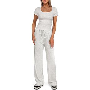 Darong Women 2 Piece Outfits Sweatsuit Set 2024 Summer Round Neck Fitted Top Wide Leg Sweatpant Lounge Set Tracksuit 9056 Light Grey L