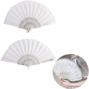 2 Pack White lace Folding Fan Japanese Chinese Handheld Fans for Bridal Dancing Props Church Wedding Gift Party Favors