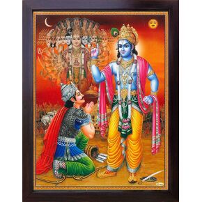 Lord Krishna Showing his Vishnu Roopa to Arjuna in Mahabharata Battle Field, A Religious & Elegant Poster with Frame with Frame, Must for Office/Home/Religious