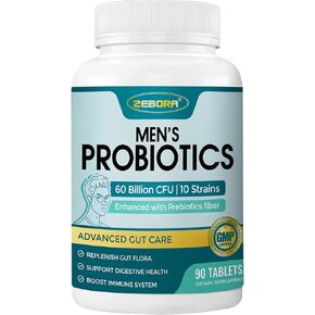 Probiotics for Men, Probiotics and Prebiotics for Digestive Health, 90 Tablets, 60 Billion CFUs for Immune and Gut Health, 10 Strains, Hypoallergenic Probiotics, Shelf Stable, Gluten & Soy Free