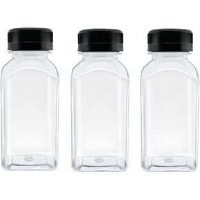 3 Pcs 8 Ounce Plastic Juice Bottles, Reusable Bulk Beverage Containers for Juice, Milk and Other Beverages, Black lid