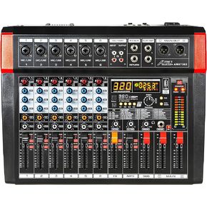 Audio2000'S AMX7382 Six-Channel Powered Audio Mixer with 320 DSP Sound Effects, Stereo Sub Out with Sub-Out Level-Control Fader, Level-Control Faders on All Channels, and USB/Computer Interface