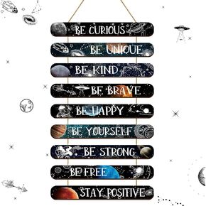 Yalikop Outer Space Nursery Decor, Space Themed Bedroom Decor Inspirational Room Decor Solar System Wall Hanging Plaque Sign with Saying Quotes for Boys