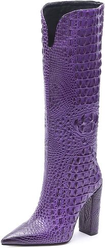 Women Pointed Toe Embossed Knee High Boots Block Heel Western Boot Thigh High Chunky Heel Shoes in Saudi Arabia