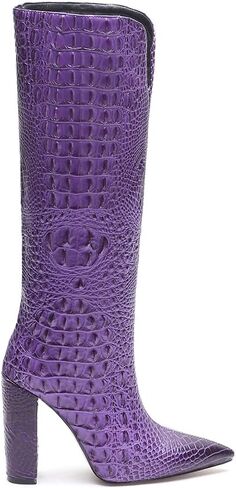 Women Pointed Toe Embossed Knee High Boots Block Heel Western Boot Thigh High Chunky Heel Shoes in Saudi Arabia
