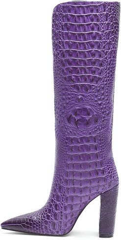 Women Pointed Toe Embossed Knee High Boots Block Heel Western Boot Thigh High Chunky Heel Shoes in Saudi Arabia