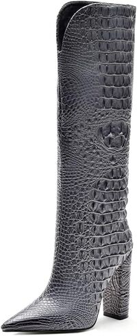 Women Pointed Toe Embossed Knee High Boots Block Heel Western Boot Thigh High Chunky Heel Shoes in Saudi Arabia