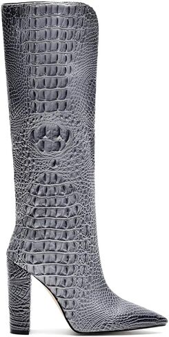 Women Pointed Toe Embossed Knee High Boots Block Heel Western Boot Thigh High Chunky Heel Shoes in Saudi Arabia
