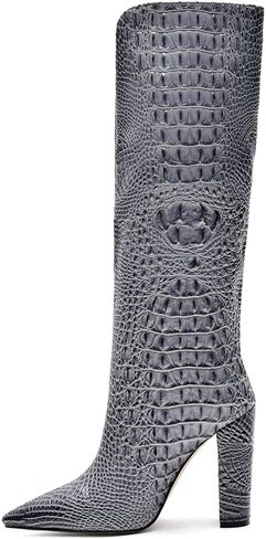 Women Pointed Toe Embossed Knee High Boots Block Heel Western Boot Thigh High Chunky Heel Shoes in Saudi Arabia