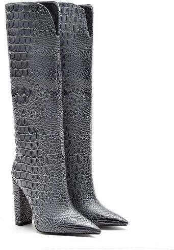 Women Pointed Toe Embossed Knee High Boots Block Heel Western Boot Thigh High Chunky Heel Shoes in Saudi Arabia