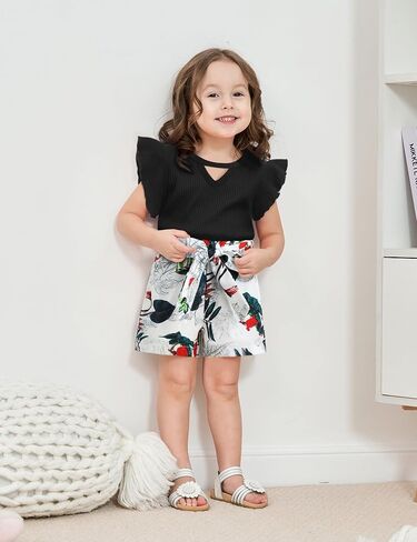 oklady Girl's Summer 2 Piece Outfits Short Sleeve T-shirt Top and Cute Pattern, Floral Short Sets Girls Outfits in Kuwait