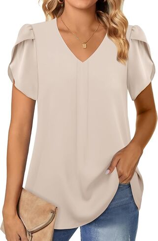 Gaharu Women's Dressy Blouses Casual V Neck Chiffon Shirts Short Sleeve Tunic Tops in Saudi Arabia