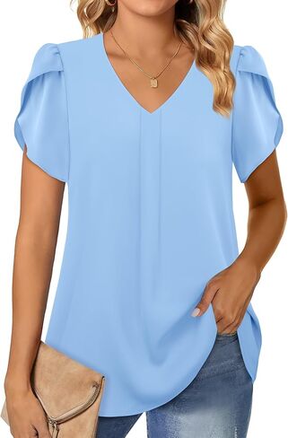 بلوزات نسائية أنيقة من Gaharu، قمصان شيفون كاجوال برقبة على شكل حرف V وأكمام قصيرة، قمصان تونيك in Kuwait