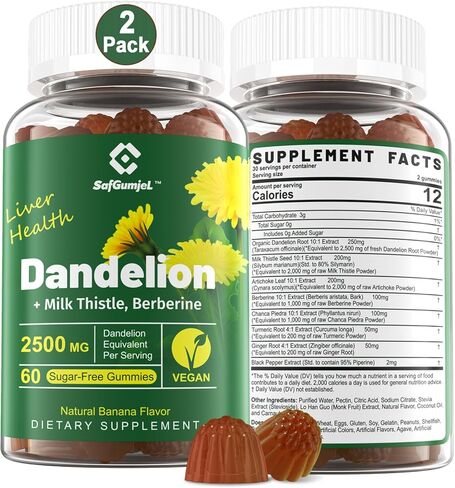 Sugar-Free Dandelion Root Gummies - 6902 MG/Serving Organic Dandelion Blend - w/Milk Thistle, Artichoke, Turmeric Extract, Supplement for Dandelion Capsules & Dandelion Tincture Alternative, 2-Pack in Saudi Arabia