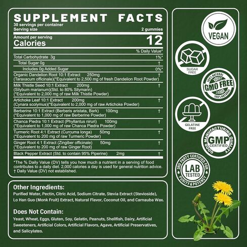 Sugar-Free Dandelion Root Gummies - 6902 MG/Serving Organic Dandelion Blend - w/Milk Thistle, Artichoke, Turmeric Extract, Supplement for Dandelion Capsules & Dandelion Tincture Alternative, 2-Pack in Saudi Arabia