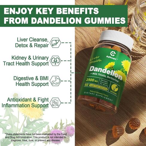 Sugar-Free Dandelion Root Gummies - 6902 MG/Serving Organic Dandelion Blend - w/Milk Thistle, Artichoke, Turmeric Extract, Supplement for Dandelion Capsules & Dandelion Tincture Alternative, 2-Pack in Saudi Arabia