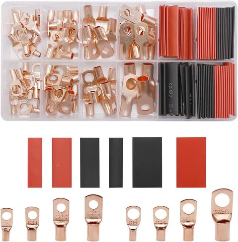 150Pcs Copper Wire Lugs AWG 2 4 6 8 10 12 with Heat Shrink Set, 70Pcs Battery Cable Closed End Tubular Ring Terminals Connectors + 80Pcs Heat Shrink Tubing Kit in Saudi Arabia