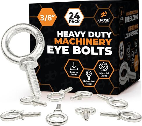 Xpose Safety Shoulder Eye Bolt 3/8"-16 x 1-14" - Industrial Strength Threaded Lifting Eye Bolt Screw for Machinery, Hoist, Anchor, Towing & More - 3/8" Eye Bolts Heavy Duty Galvanized Steel 24 Pack in Kuwait
