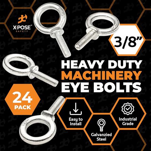 Xpose Safety Shoulder Eye Bolt 3/8"-16 x 1-14" - Industrial Strength Threaded Lifting Eye Bolt Screw for Machinery, Hoist, Anchor, Towing & More - 3/8" Eye Bolts Heavy Duty Galvanized Steel 24 Pack in Kuwait