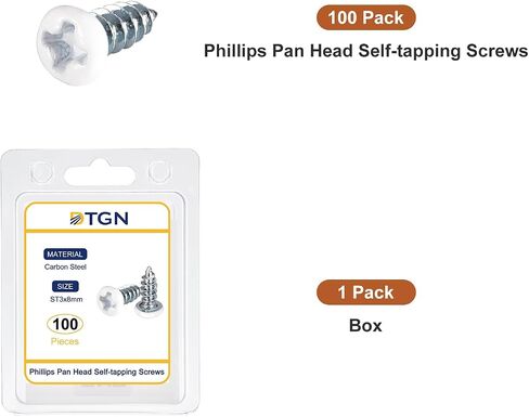ST3x8mm White Screws 100Pack - Zinc Plated Carbon Steel Pan Head Phillips Sheet Metal Screw Self-tapping Screw Wood Screws in Saudi Arabia