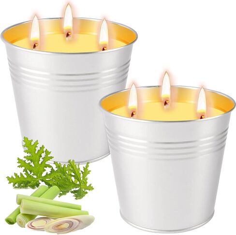 شموع السترونيلا في الهواء الطلق، مجموعة شموع السترونيلا الكبيرة المكونة من قطعتين، مصنوعة من زيوت السترونيلا العطرية وشمع الصويا الطبيعي، وقت حرق 240 ساعة، شموع دلو 17oz 3 فتيل للفناء والمنزل والتخييم in Kuwait