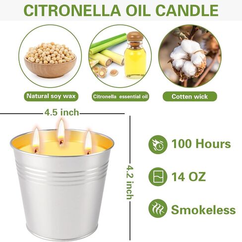 شموع السترونيلا في الهواء الطلق، مجموعة شموع السترونيلا الكبيرة المكونة من قطعتين، مصنوعة من زيوت السترونيلا العطرية وشمع الصويا الطبيعي، وقت حرق 240 ساعة، شموع دلو 17oz 3 فتيل للفناء والمنزل والتخييم in Kuwait