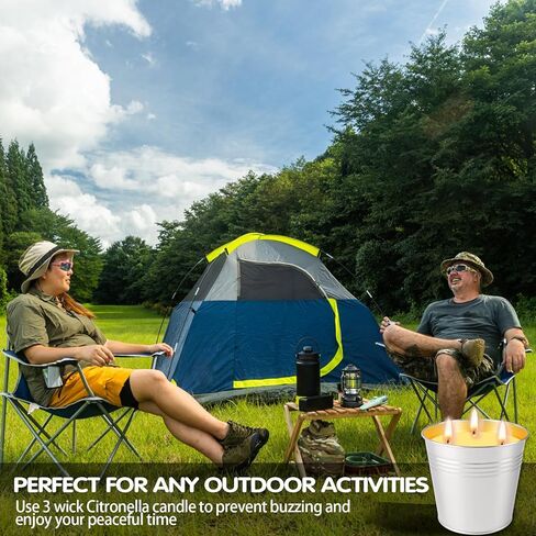 شموع السترونيلا في الهواء الطلق، مجموعة شموع السترونيلا الكبيرة المكونة من قطعتين، مصنوعة من زيوت السترونيلا العطرية وشمع الصويا الطبيعي، وقت حرق 240 ساعة، شموع دلو 17oz 3 فتيل للفناء والمنزل والتخييم in Kuwait