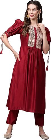 طقم بنطلون كورتا مستقيم للنساء من INDO ERA باللون الأحمر الهندي من الفسكوز بتصميم Yoke صلب بطول الساق in Kuwait