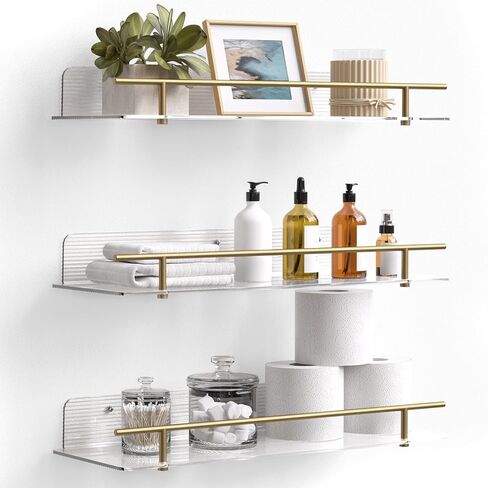 upsimples Bathroom Floating Shelves for Wall Storage, Clear Acrylic Shelves with Gold Metal Guardrail, Wall Shelves Organizer for Bedroom, Living Room, Picture Frames, 15.7" Hanging Shelves Set of 3 in Saudi Arabia