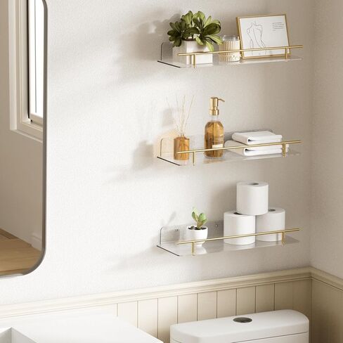 upsimples Bathroom Floating Shelves for Wall Storage, Clear Acrylic Shelves with Gold Metal Guardrail, Wall Shelves Organizer for Bedroom, Living Room, Picture Frames, 15.7" Hanging Shelves Set of 3 in Saudi Arabia